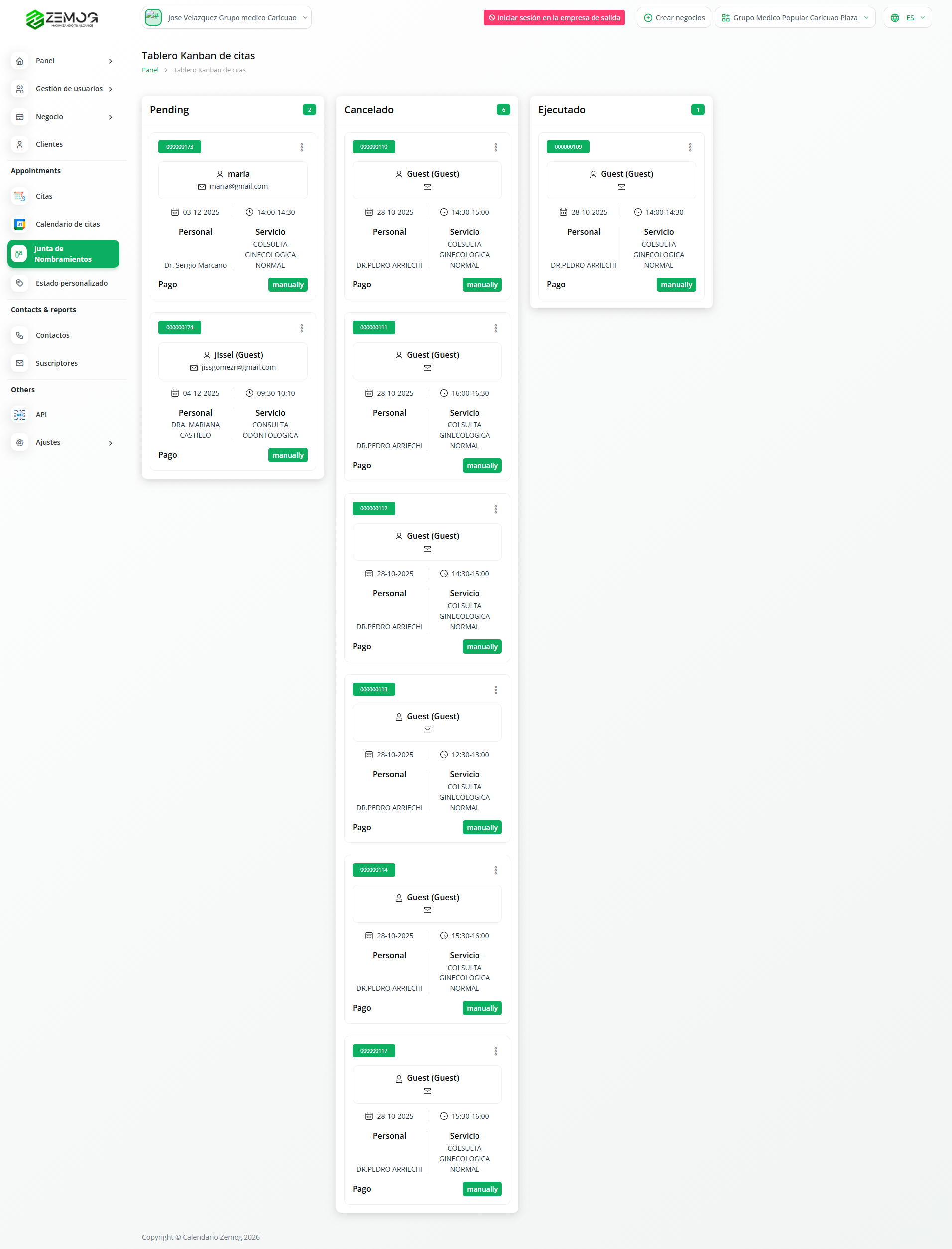 Kanban de citas con Pending · Cancelado · Ejecutado