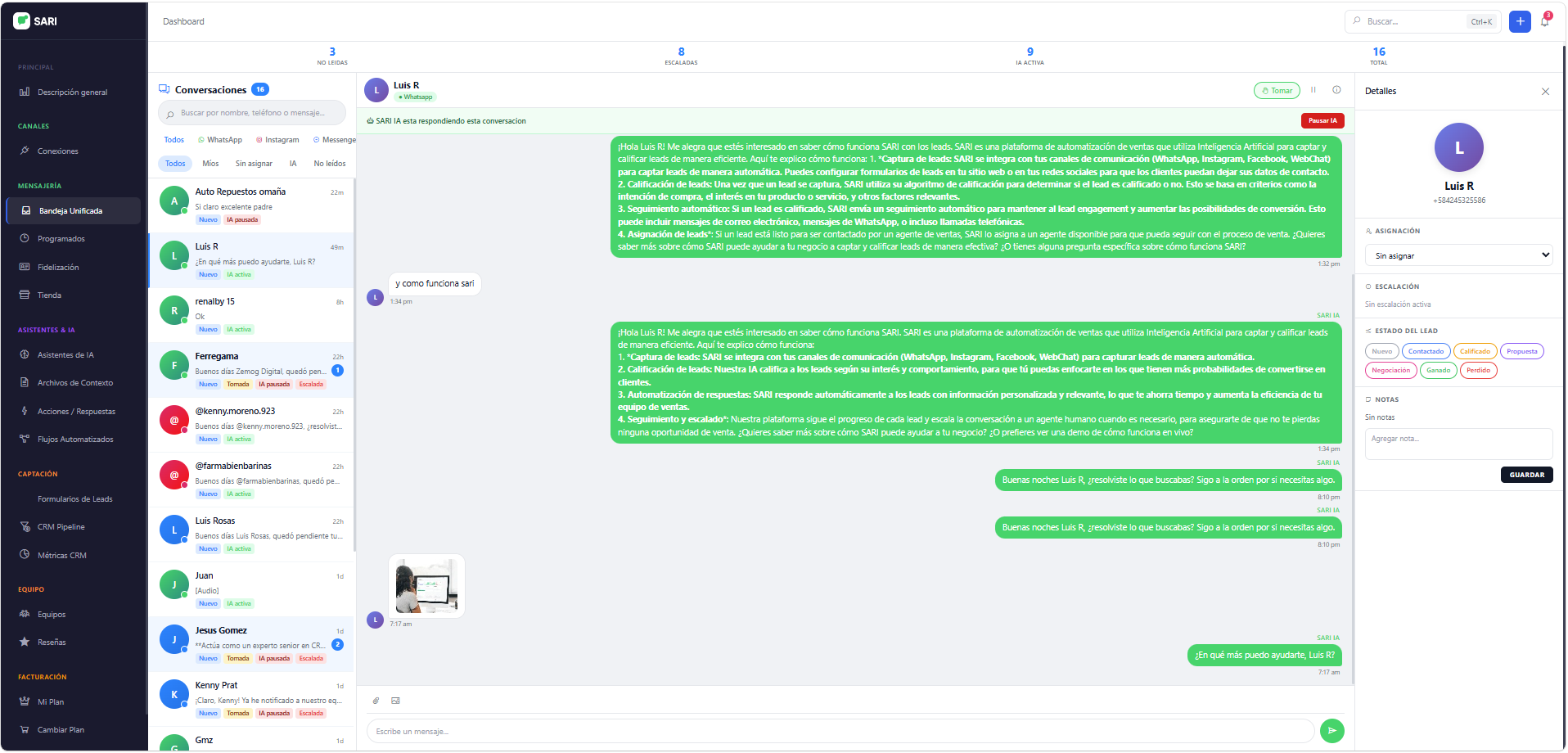 Panel SARI — conversaciones unificadas con IA respondiendo en vivo